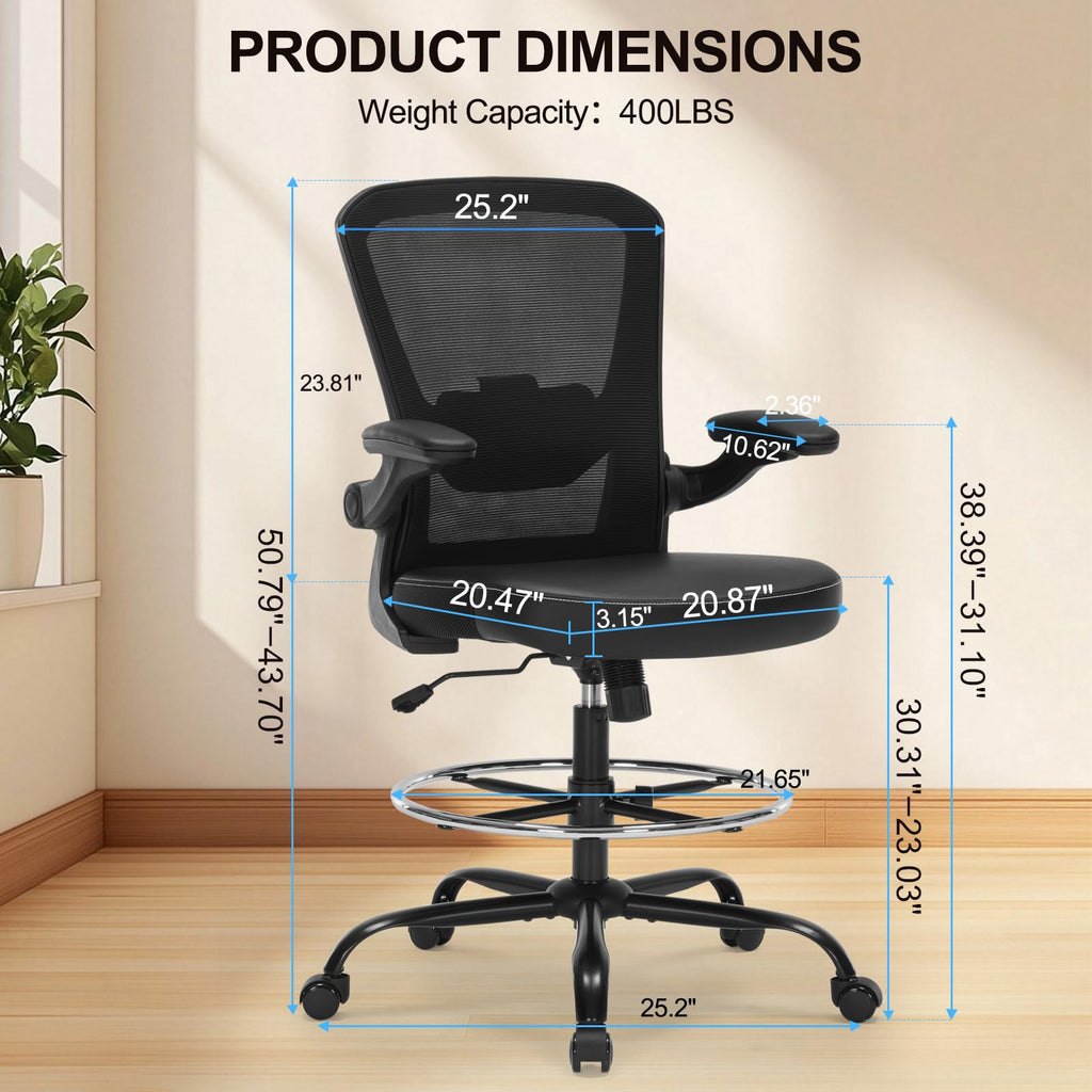 Bondesin Drafting Chair Tall Office Chair with Pu Leather Seat, 400lbs Ergonomic Standing Desk Chair with Lumbar Support,counter Stool with