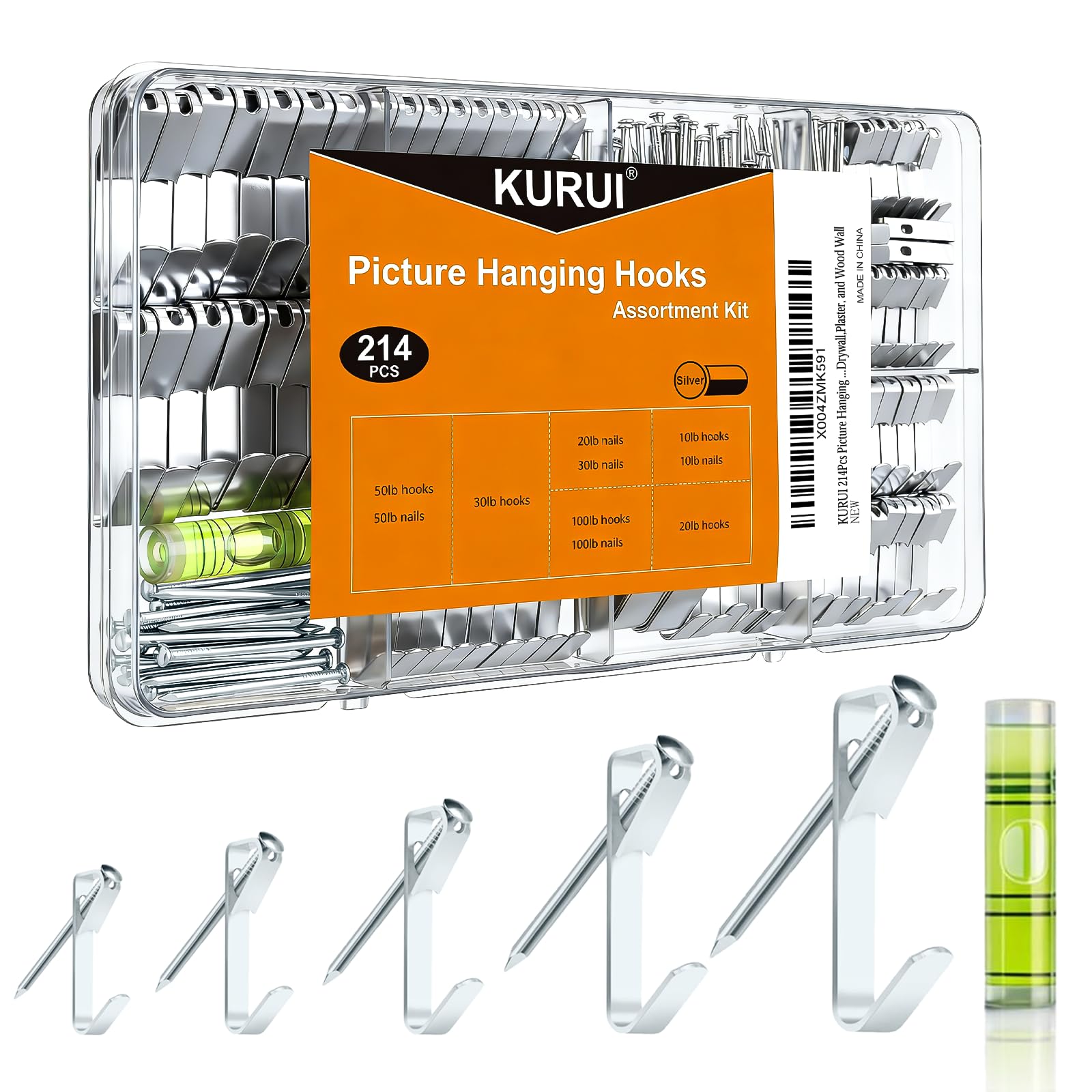 KURUI 214Pcs Picture Hanging Hooks, Renter Friendly Picture Hanging Kit with Heavy Duty Picture Hangers and Hardware Nails, for Frame, Painting, Art and Photo, on Drywall,Plaster, and Wood Wall