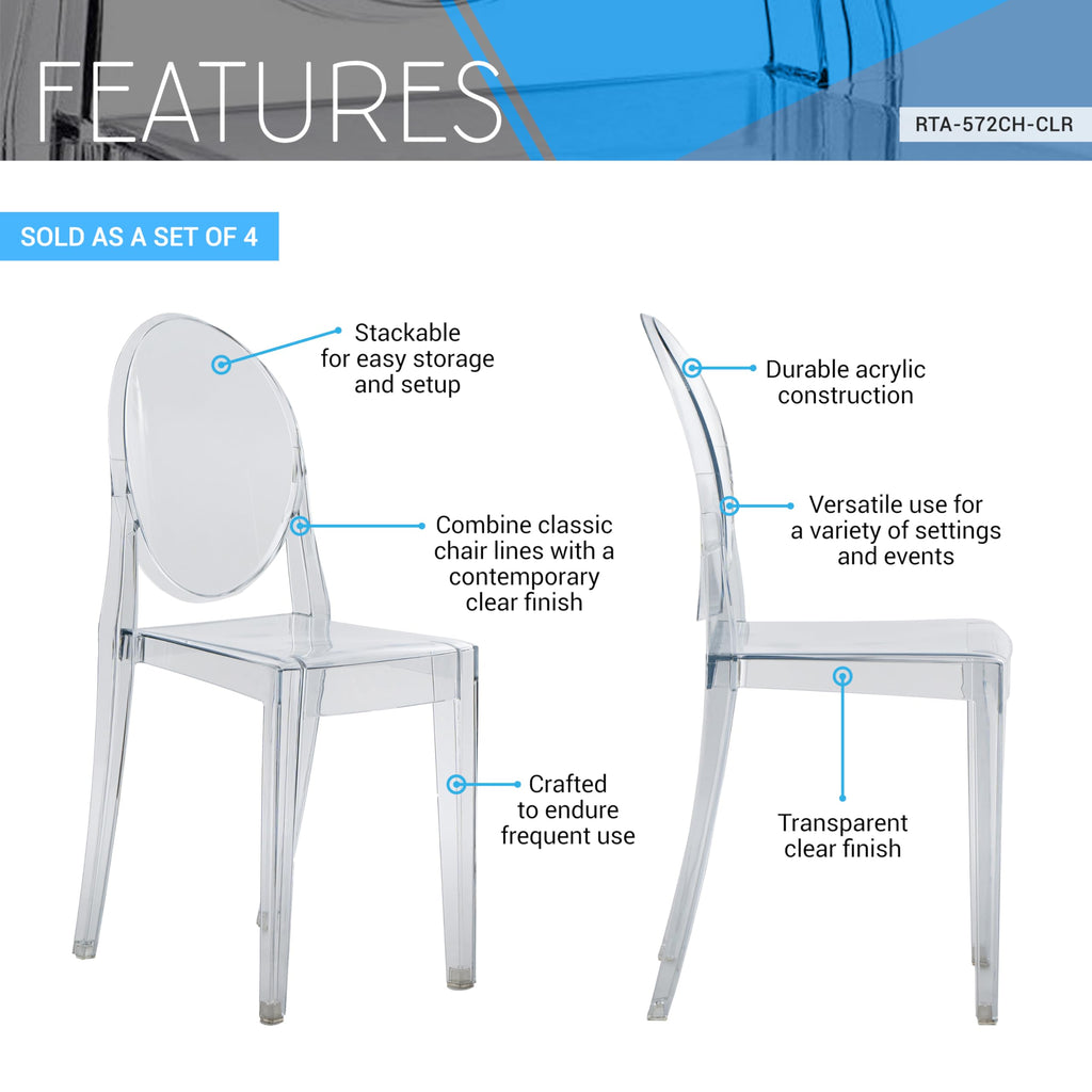 Techni Home Ghost Chairs, Stackable Acrylic Event Chairs, Set of 4, Clear, 14.5” W x 20” D x 35.5” H