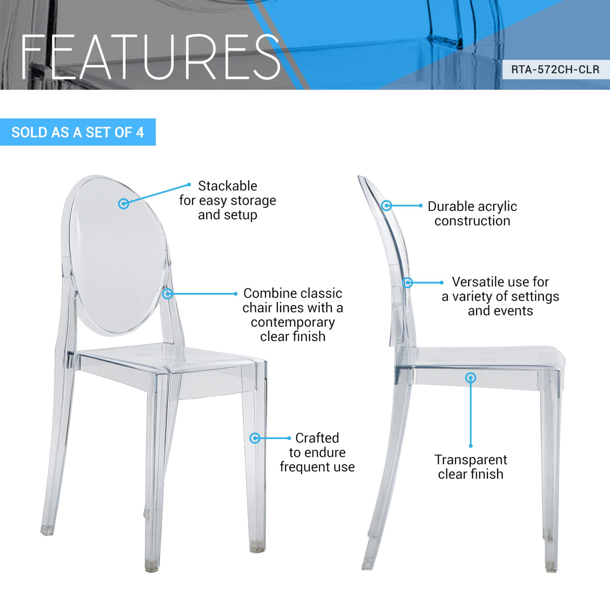 Techni Home Ghost Chairs, Stackable Acrylic Event Chairs, Set of 4, Clear, 14.5” W x 20” D x 35.5” H