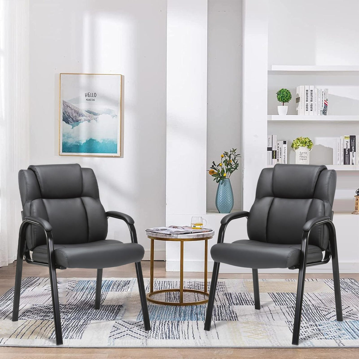 Clatina 800lbs Big and Tall Office Chair Upholstered Leather Comfortable Reception Chairs with Sled Base and Bonded Padded Arm Rest for