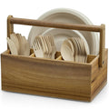 Acacia Paper Plate Dispenser, Paper Plate Holders with Handle, Picnic Silverware Caddy for Party, Cutlery Holder for Countertop, Wood Utensil Organizer for Home Kitchen & RV