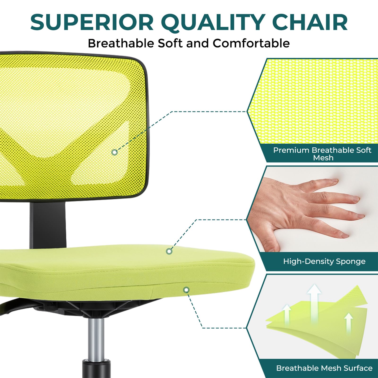 Dumos Armless Desk Chairs, Small Home Office Mesh Chairs, 1pc, Bright Green