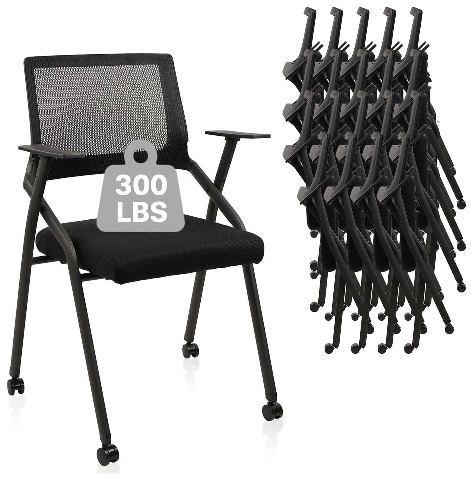 Clatina Stackable Foldable Conference Room Chairs with Wheels, Portable Padded Office Desk Chair with Lumbar Support and Armrest for Training