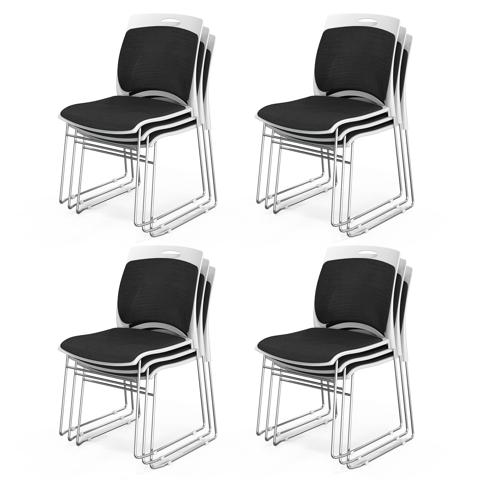 Vingli Stackable Plastic Mesh Padded Chairs for Office Set of 12, Black, 12 Pack