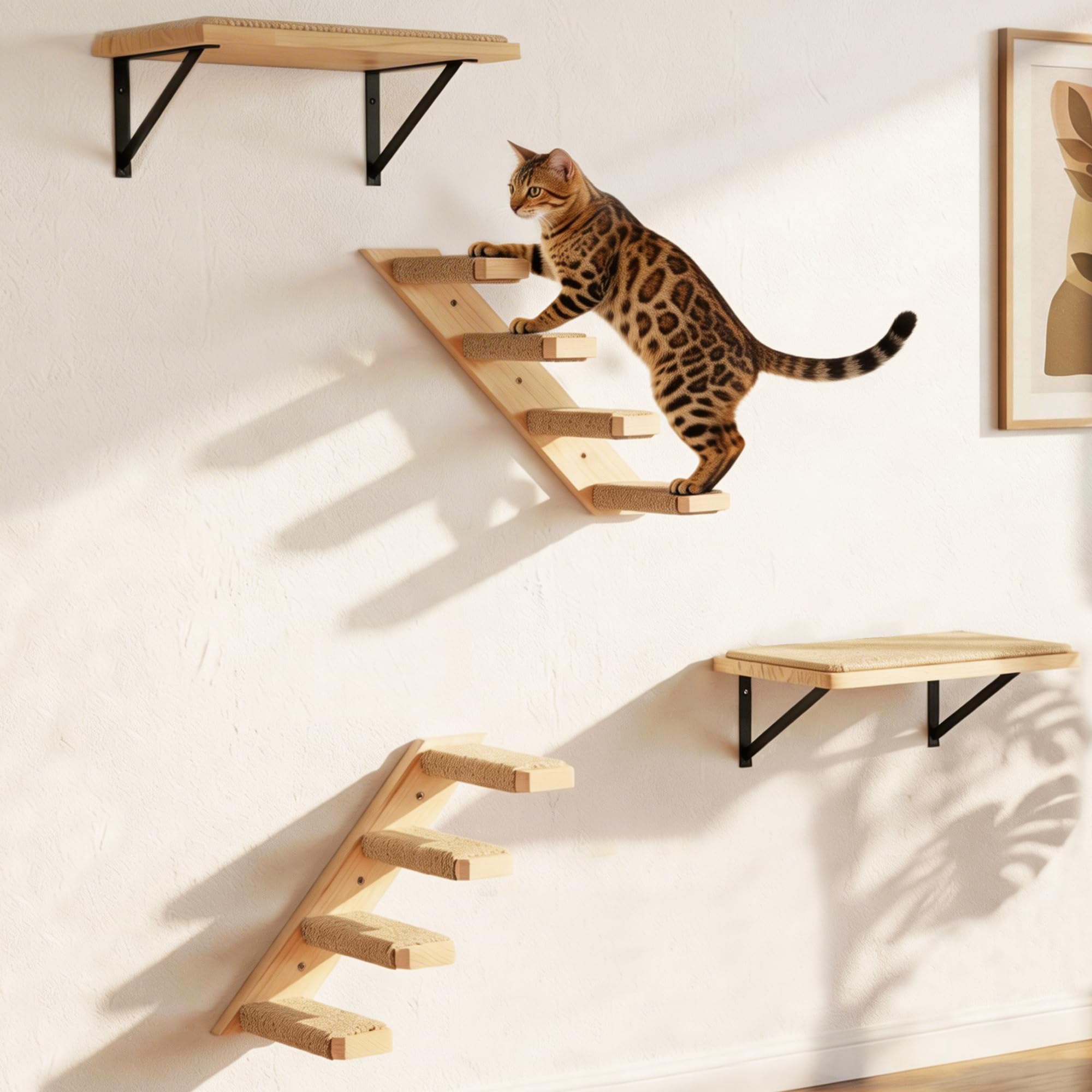Cat Wall Shelves Stairs Cat Wall Furniture Mounted, 2PCS Shelves & 2PCS 4 Steps Climbing Shelf Scratching Perches for Sleeping, Playing, Climbing