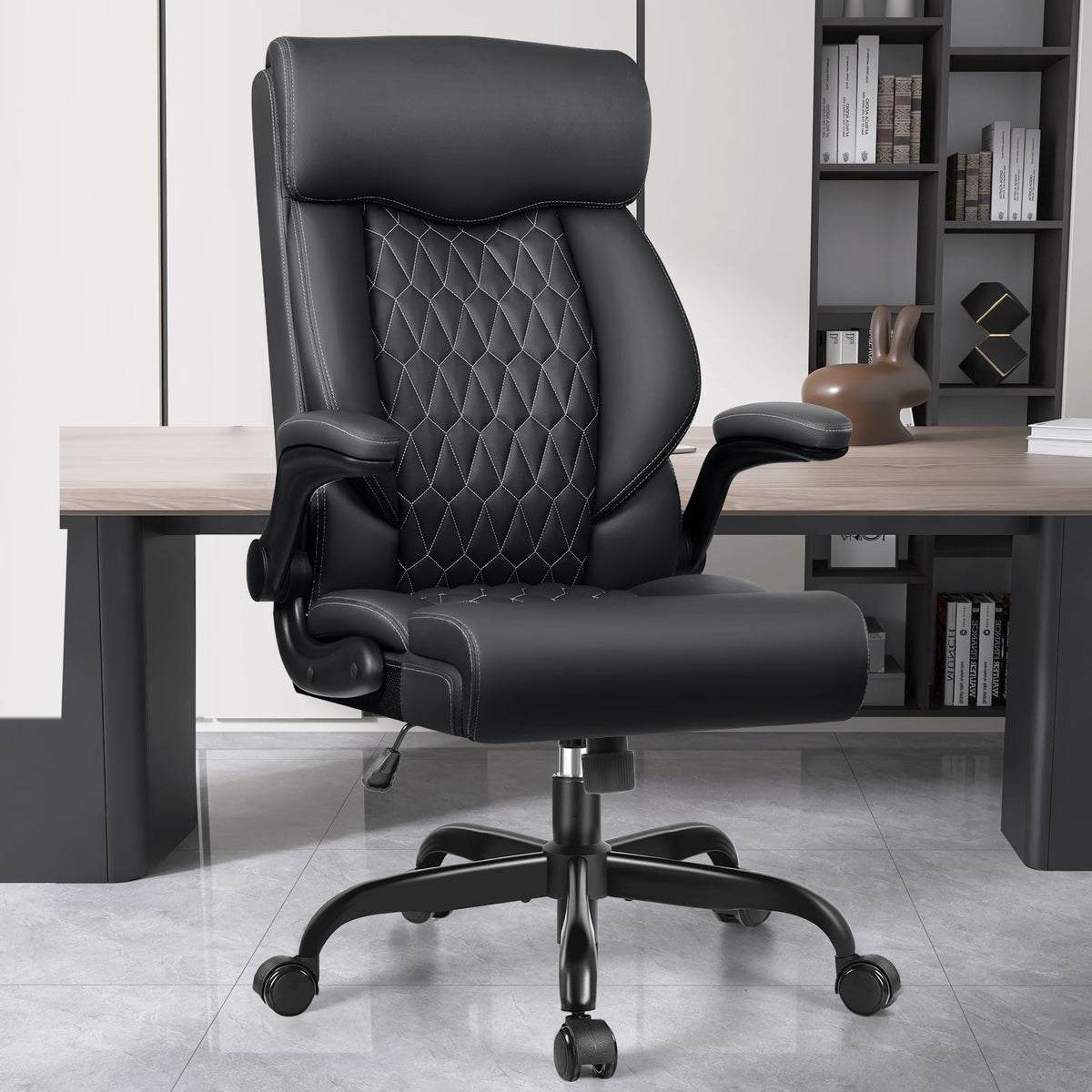 High Back Executive Office Chair - Ergonomic Computer Desk with Rocking Function, Leather Managerial with Adjustable Flip-up Armrests and