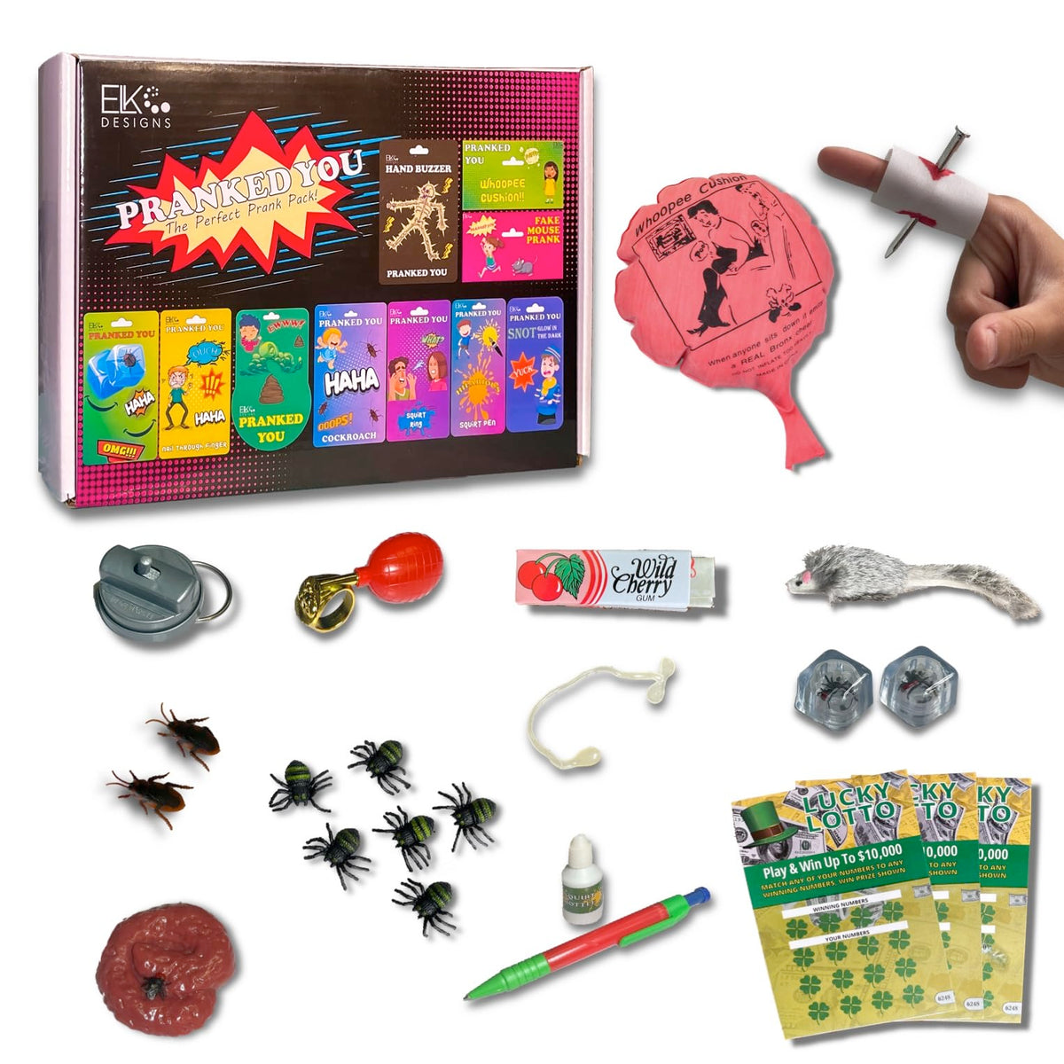 ELK DESIGNS Prank Kit - Funny Pranks for Kids - April Fools Gags & Practical Jokes - Hand Buzzer, Fake Cockroach & More