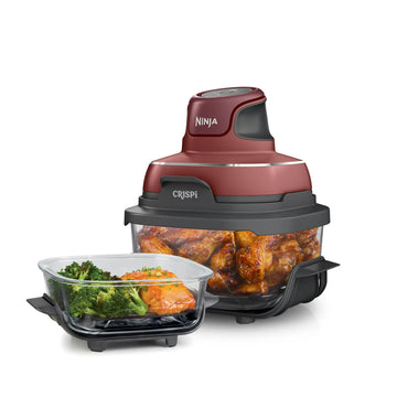 Ninja FN100RD Crispi Air Fryer, Microwave, Freezer & Dishwasher Safe, Non Toxic Glass Portable Cooking System, 4 QT & 5 Cup Glass Containers with Storage Lids, Easy Meals, Cherry (Renewed)