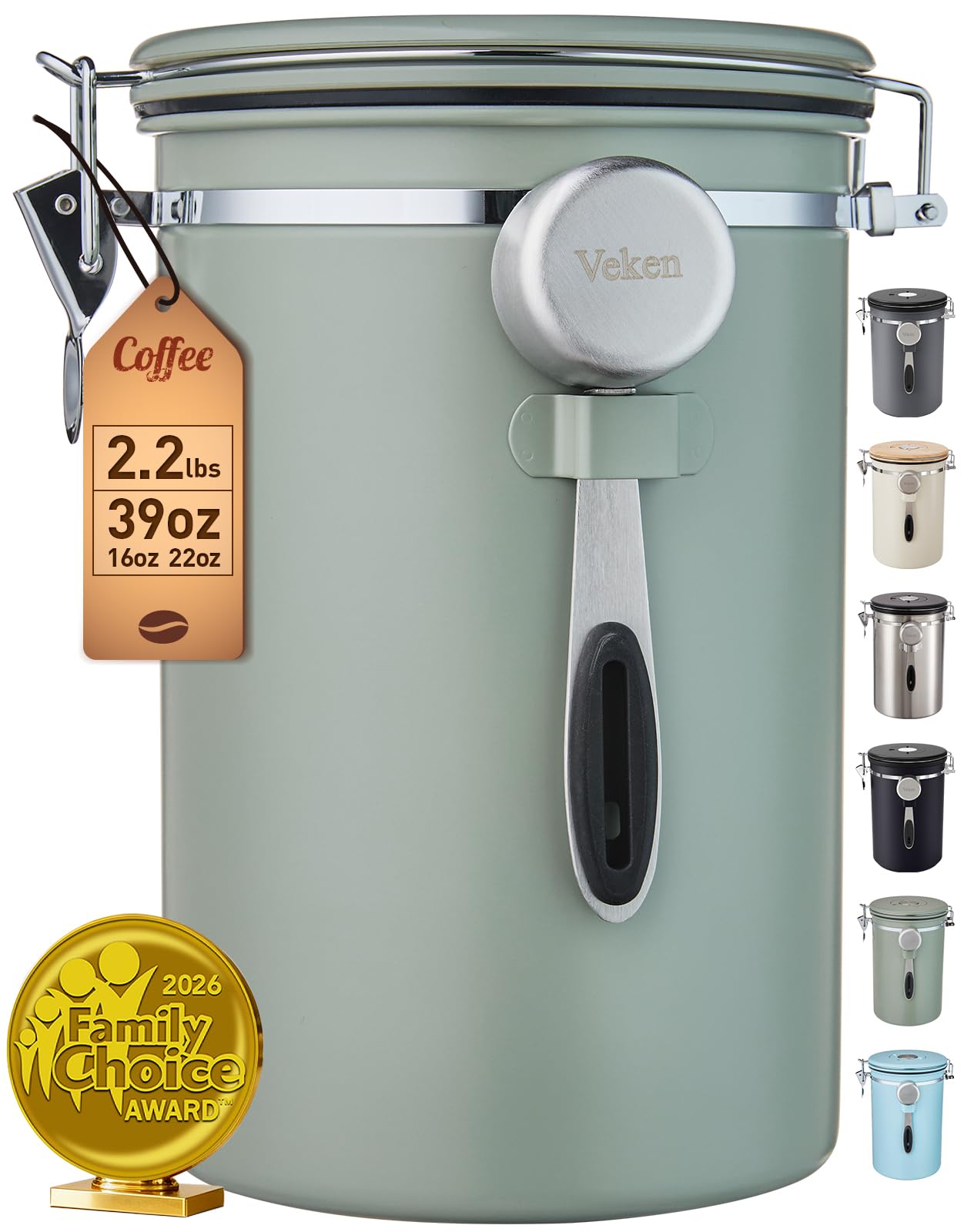 Veken Coffee Canister, 39OZ Large, Airtight Stainless Steel Food Storage Container for 2.2lbs Coffee Beans, Ground, Sugar, Tea, Flour, Cereal, Kitchen Bar Accessories with Date Tracker & Scoop, Green