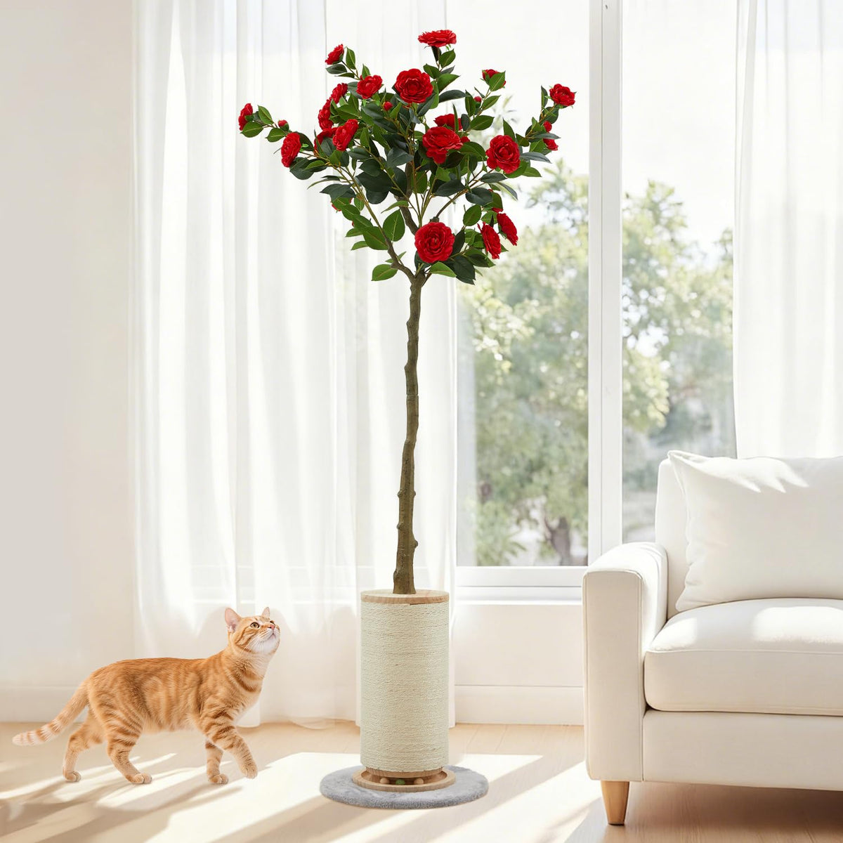 70.9'' Tall Cat Scratching Post,Artificial Camellia Tree Extra-Large Scratcher for Indoor Cats Adult,8.3'' Thick Natural Sisal Rope Post with Interactive Ball Toy (flower-70.9inch)