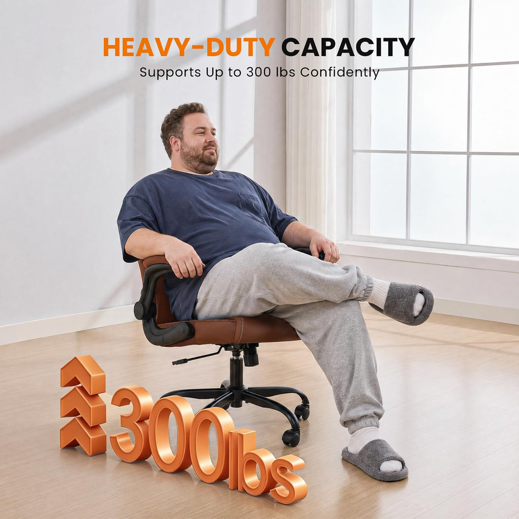 Deroavixe Executive Office Chair with Lumbar Support & Flip-up Arms, Brown