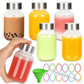 6 Pack Glass Juice Bottles with Lids - 5 oz Clear Water Bottles With Stainless Steel Cap - Liquid Storage Containers for Juicing, Refrigerator - Includes 12 blank labels, 1 Folding Funnel and 1 Brush