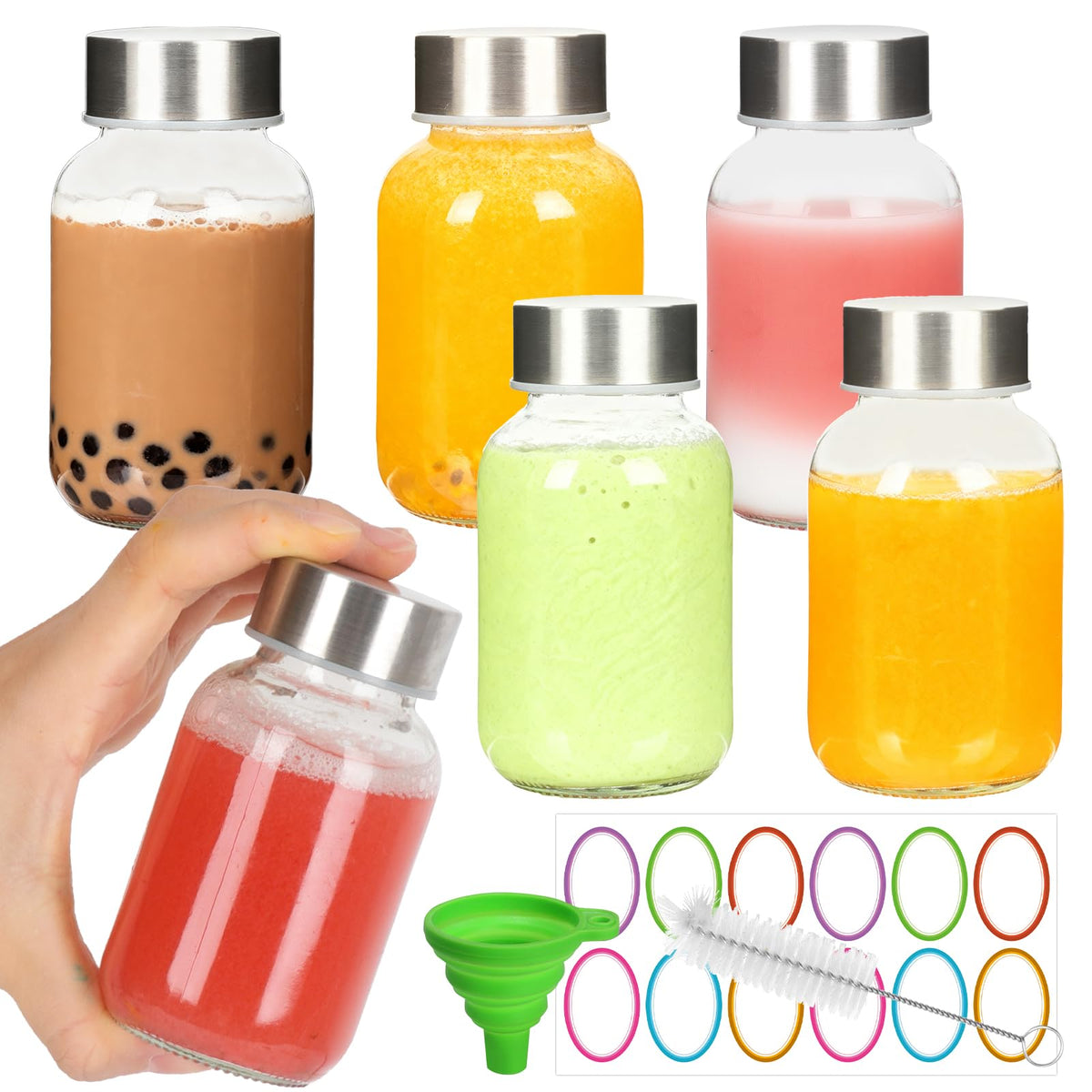 6 Pack Glass Juice Bottles with Lids - 5 oz Clear Water Bottles With Stainless Steel Cap - Liquid Storage Containers for Juicing, Refrigerator - Includes 12 blank labels, 1 Folding Funnel and 1 Brush