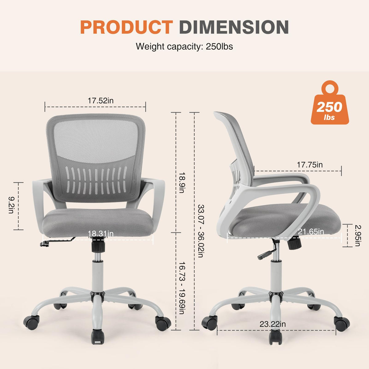 Sweetcrispy Computer Desk Chair, Mesh Office Chair, Lumbar Support, Grey, 23 Inch