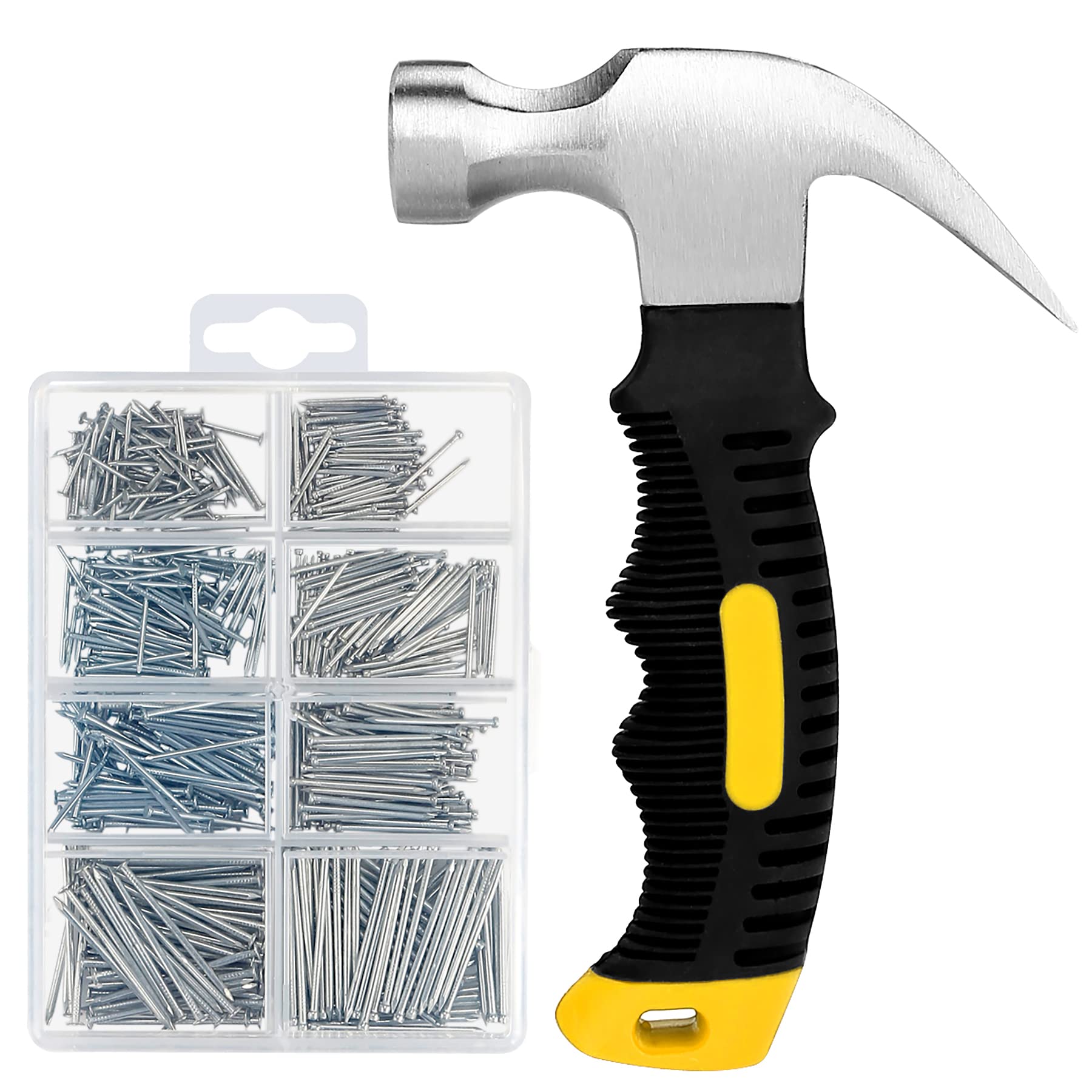 KURUI 700PCs Nails Assortment Kit & 8oz Hammer, Small Hammer for Hanging Wall Art Decor, Picture Frame, 350 Roofing/Wall Nails & 350 Finishing Nail