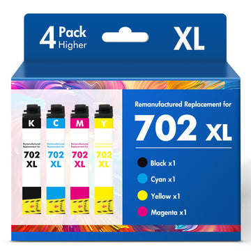 Remanufactured Replacement for 702XL WF-3720 Ink Cartridges Combo Pack | Compatible for 702 for Epson Printer WF-3720 WF-3730 WF-3733 WF3720 (Black Cyan Yellow Magenta)