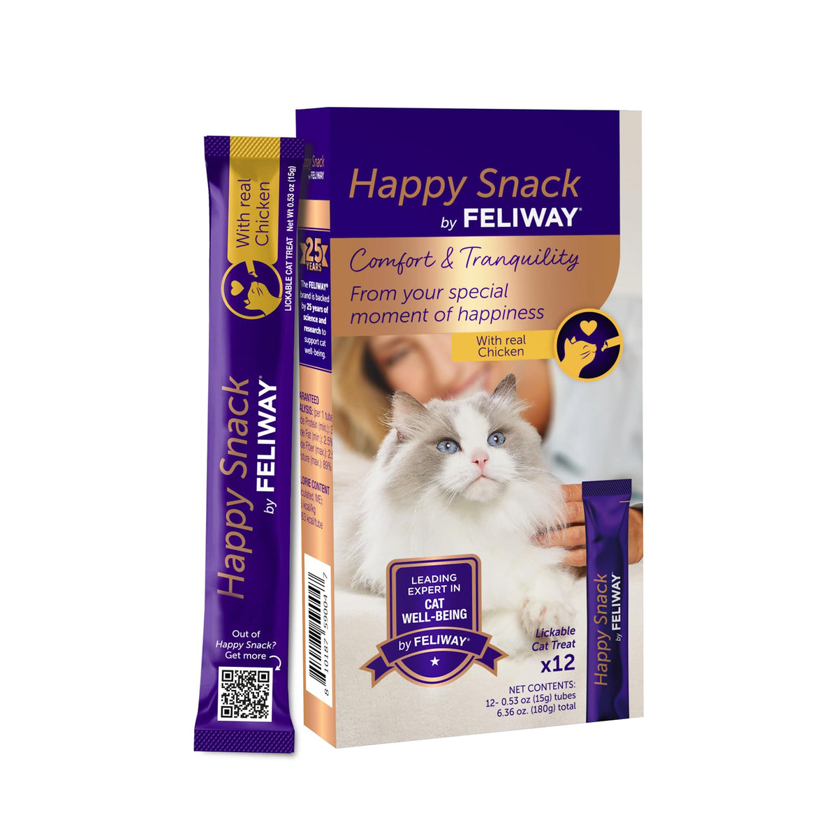Happy Snack by FELIWAY®, Delicious, Lickable, Squeezable Purée Cat Treats for a Daily Calming Routine, Made with Real Chicken, 12 Pack (0.5oz Tubes)