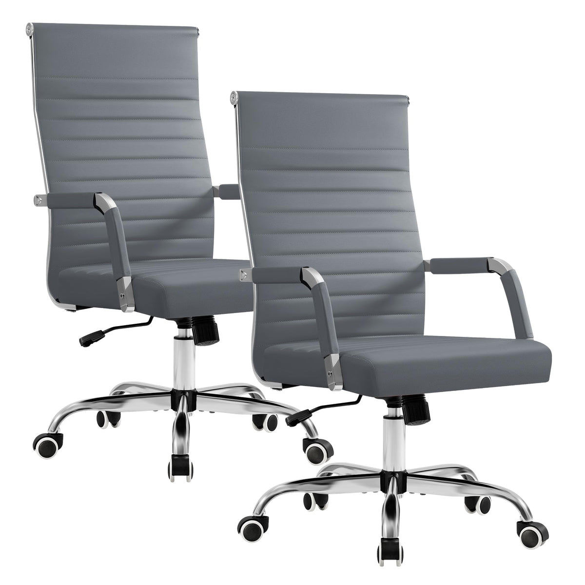 Furmax Ergonomic Office Desk Chair, Executive Ribbed Mid-back Pu Leather Conference Room Chair Adjustable Swivel Chair with Arms (2, Grey)