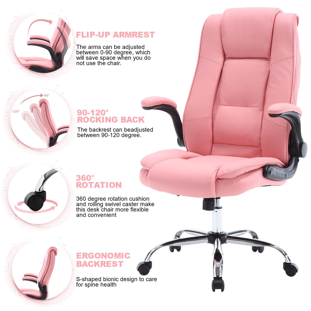 Reficcer Pink Office Chair, Ergonomic High Back Executive Office Desk Chairs for Women, 90°-120° Rocking Computer Chair with Wheels, Swivel