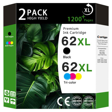 62XL High Yield Compatible Ink Cartridges Replacement for HP 62, Fit HP Envy 5540 5640 5660 7644 OfficeJet 5740 5741 8040 200 250 Series Printers, Combo 2-Pack (1 Black / 1 Tri-Color)