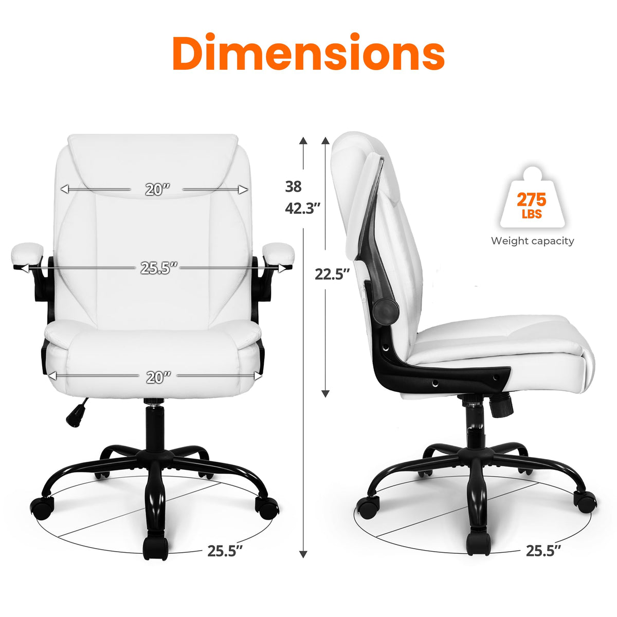 Neo Chair Pu Leather Office Desk Chair with Adjustable Arms, White, 25.5 inches x 22.5 inches x 42.3 inches