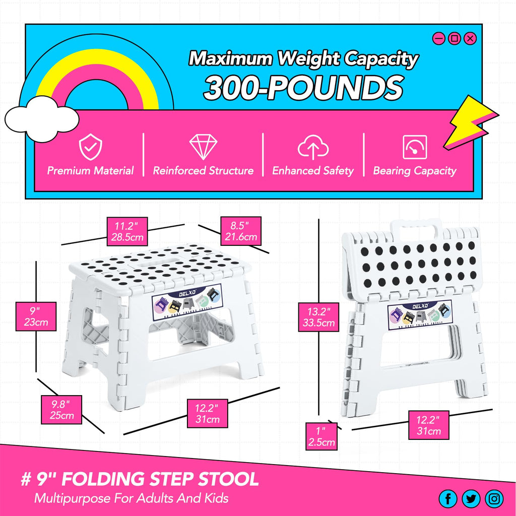 Delxo 9 Inch Kids Step Stool,300 Lbs Folding Step Stool for Toddler White