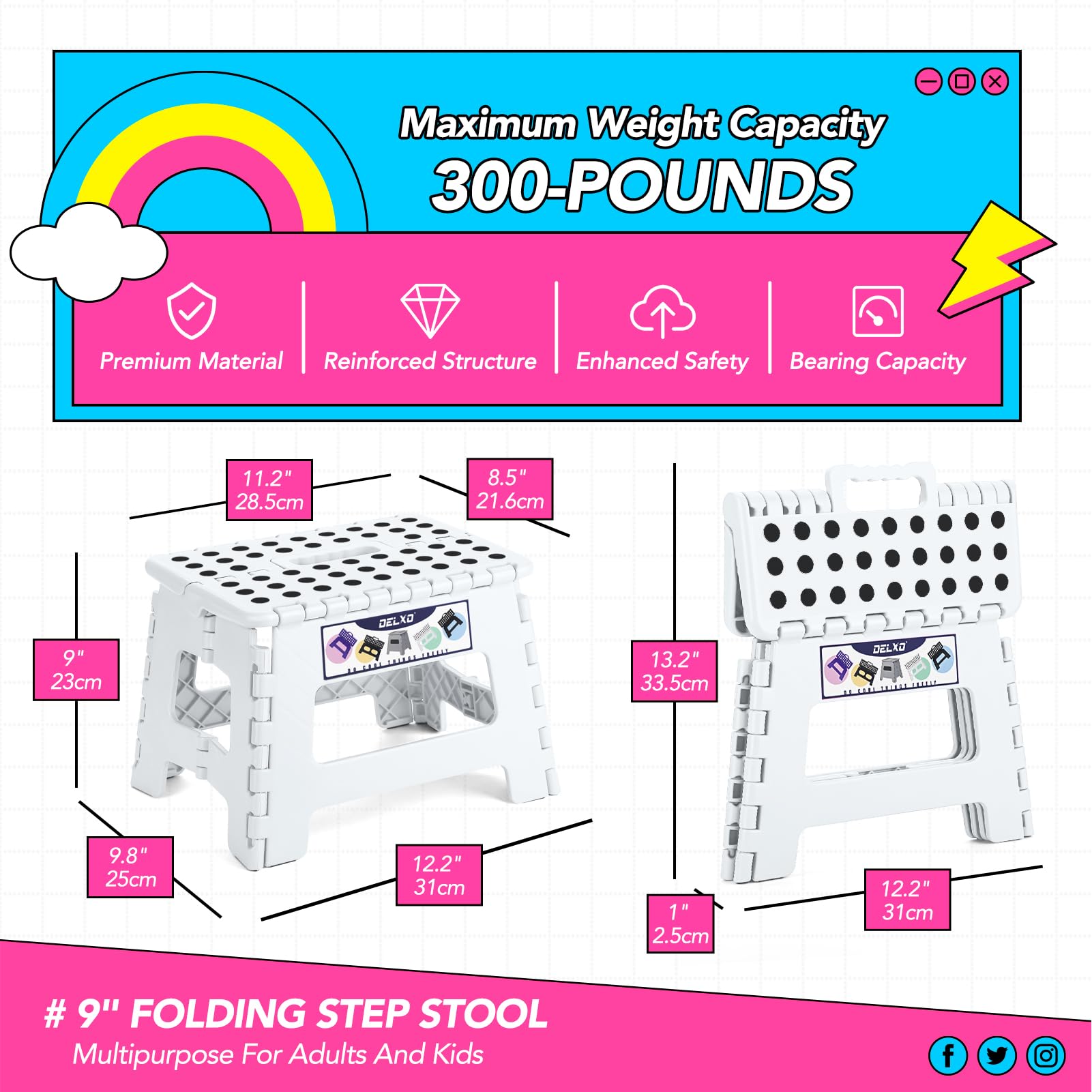 Delxo 9 Inch Kids Step Stool,300 Lbs Folding Step Stool for Toddler White