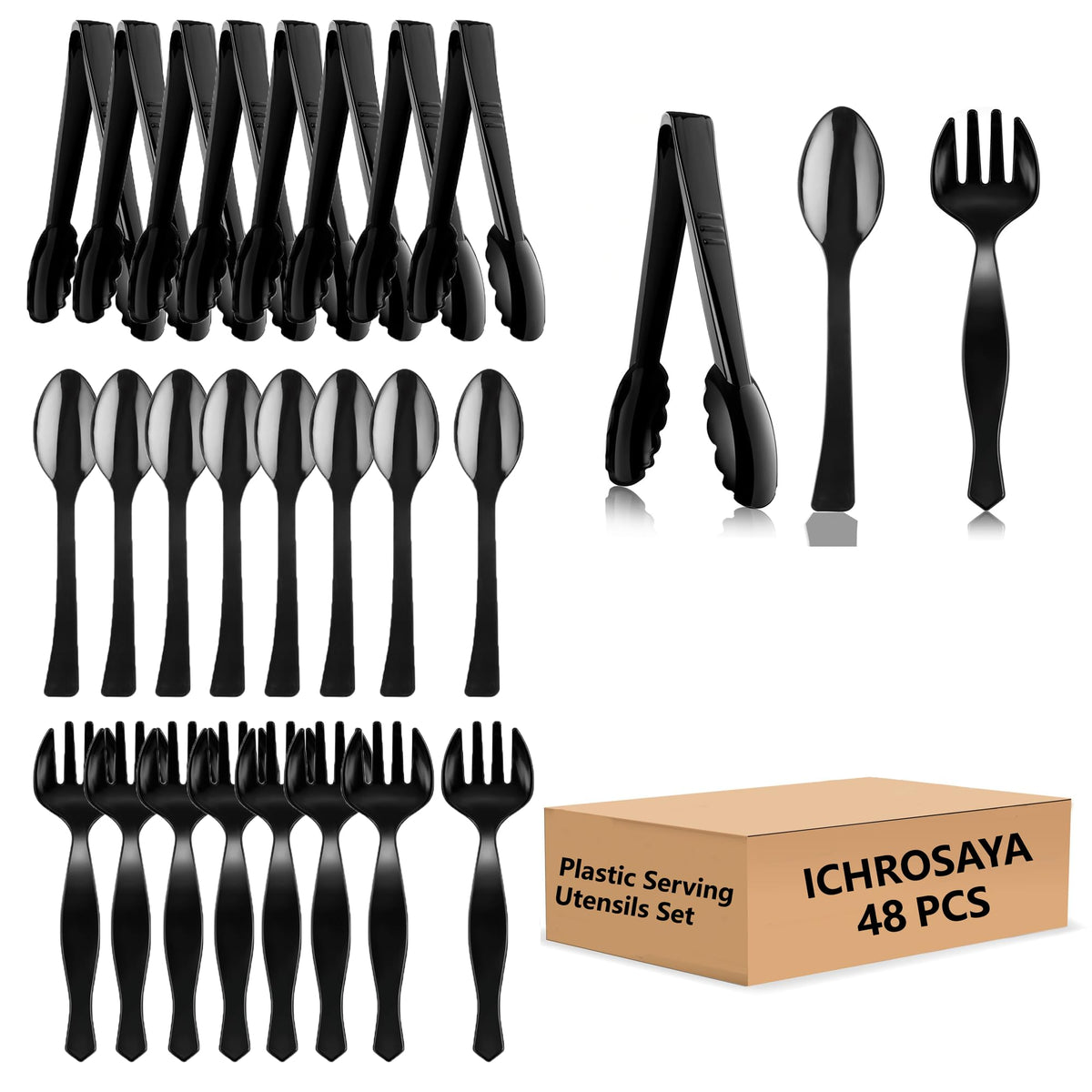 Plastic Disposable Serving Utensils Set - 48 Pieces Heavy Duty Large Serving Spoons, Forks and Tongs for Salad, 8.5 Inch Party Supplies for Buffet, Catering, Restaurant, Dinner (Black, 48)