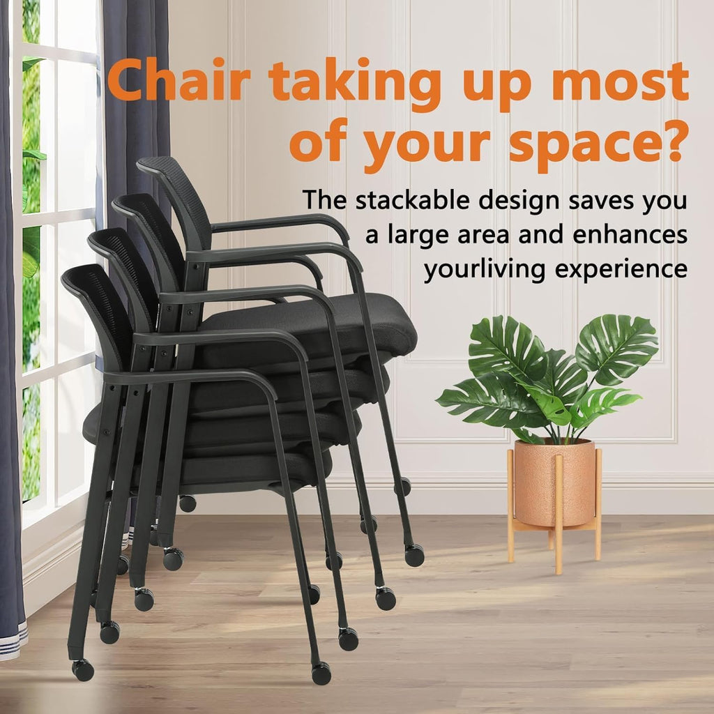 Clatina Rolling Conference Room Chairs Set of 8, Stackable Office Guest Reception Chair with Armrests and Wheels, Mesh Back Waiting Room Stools