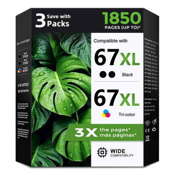 67XL Ink Cartridges 3-Pack Replacement for HP Ink 67 XL HP67 HP67XL Cartridge Black/Color Combo Pack for 2700 2852e 2855e 4155e 2755e 2734e 4100 2700e 4100e 6400 2752 2752e 6055e 2742e 6458e Printer