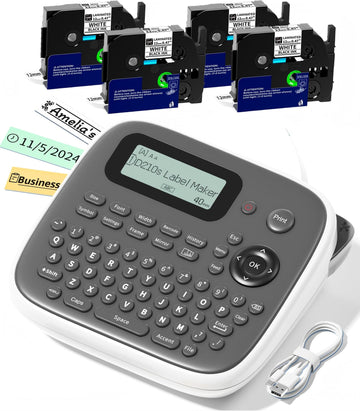 Label Maker Machine with 4 Tapes, 12mm Laminated Waterproof Labels, D210s Desktop Label Printer, Multi Icons Borders & Bolder Fonts, School Office Supplies for Teacher, File/Daycare Labels