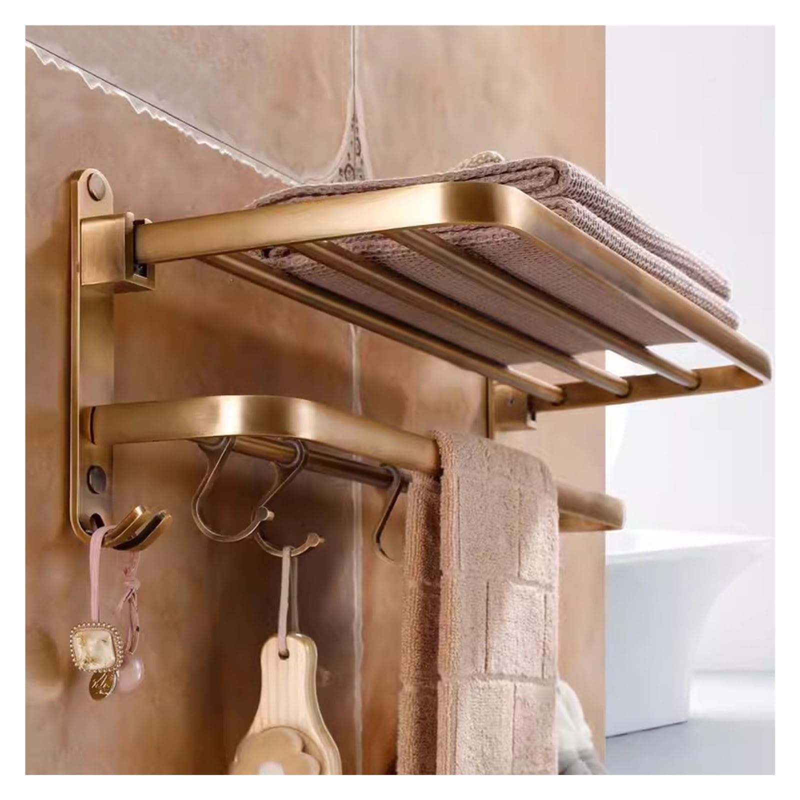 Antique Bronze Towel Racks for Bathroom Lavatory,Wall Mounted Hand Towel Holder with Towel Bar and Hooks,Foldable Towel Shelf Rustproof Aluminium Towel Hanger,Bathroom Kitchen Hardware Acces