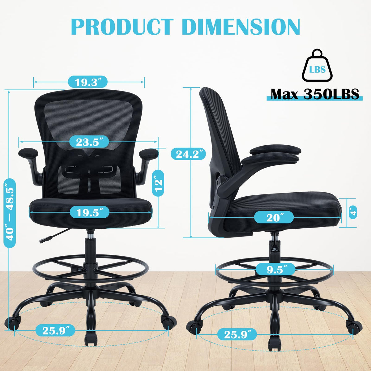 Drafting Chair Tall Office Chair, Standing Desk Chair with Flip-up Armrests, Breathable Mesh High Chair Adjustable Height, Ergonomic Computer