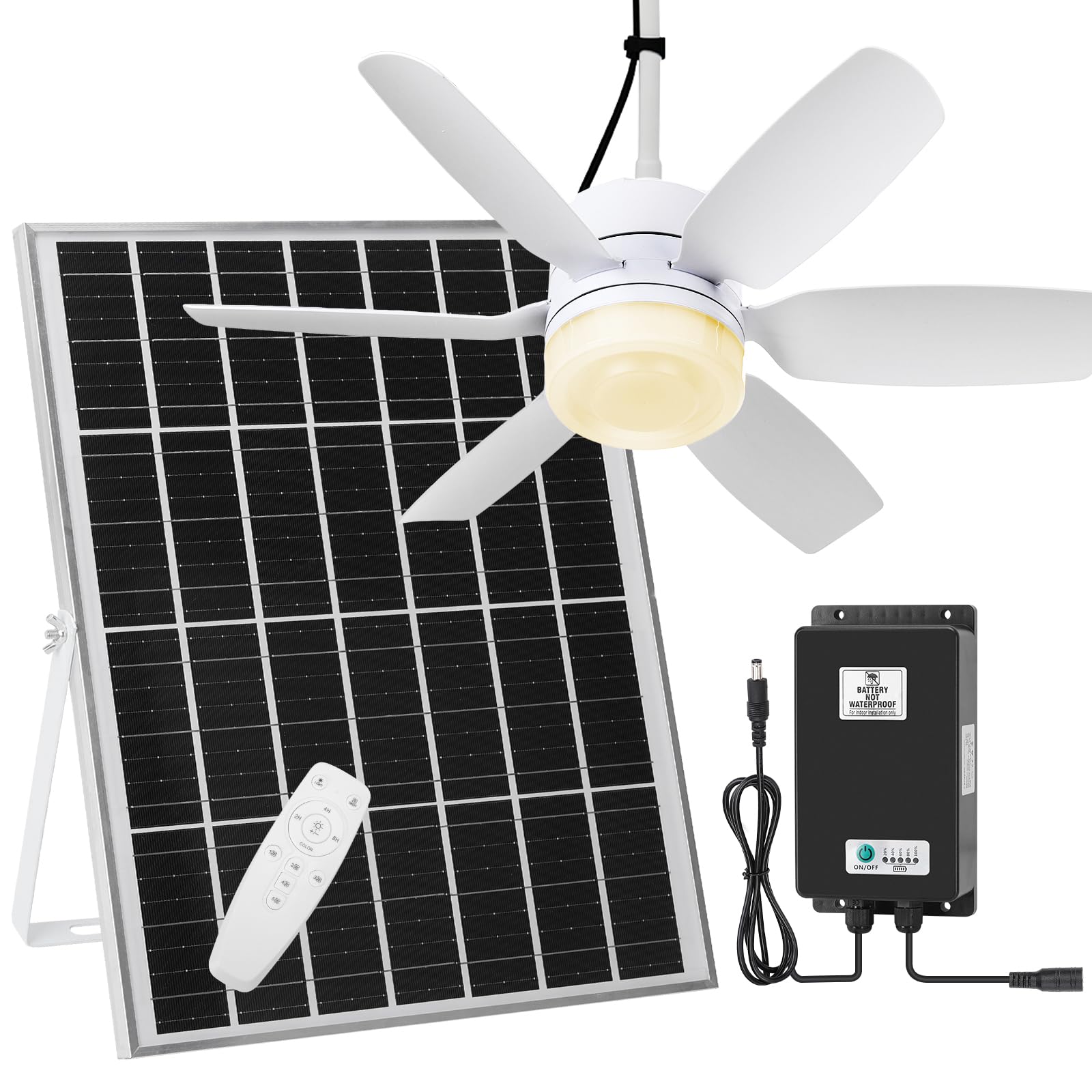 Fanspex 20.5'' Solar Rechargeable Ceiling Fan Light with Battery Backup, 25W Solar Powered Hanging Fans for Outdoor Gazebo, Chicken Coop, Greenhouse, Shed, Pet House
