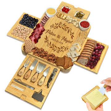 Custom 4-Drawer Bamboo Cheese Board with Utensils Set, Personalized Charcuterie Boards Gift Set, for Kitchen & Entertaining,Wedding,Bridal Shower,Birthday Gift,Housewarming Gift