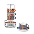 vancasso 2.5 Oz Stackable Espresso Cups with Saucers and Metal Stand Set of 4,Bohemian Ceramic Cappuccino Cups - Microwave and Dishwasher Safe, Perfect For Tea, Espresso, Latte, Cafe-01