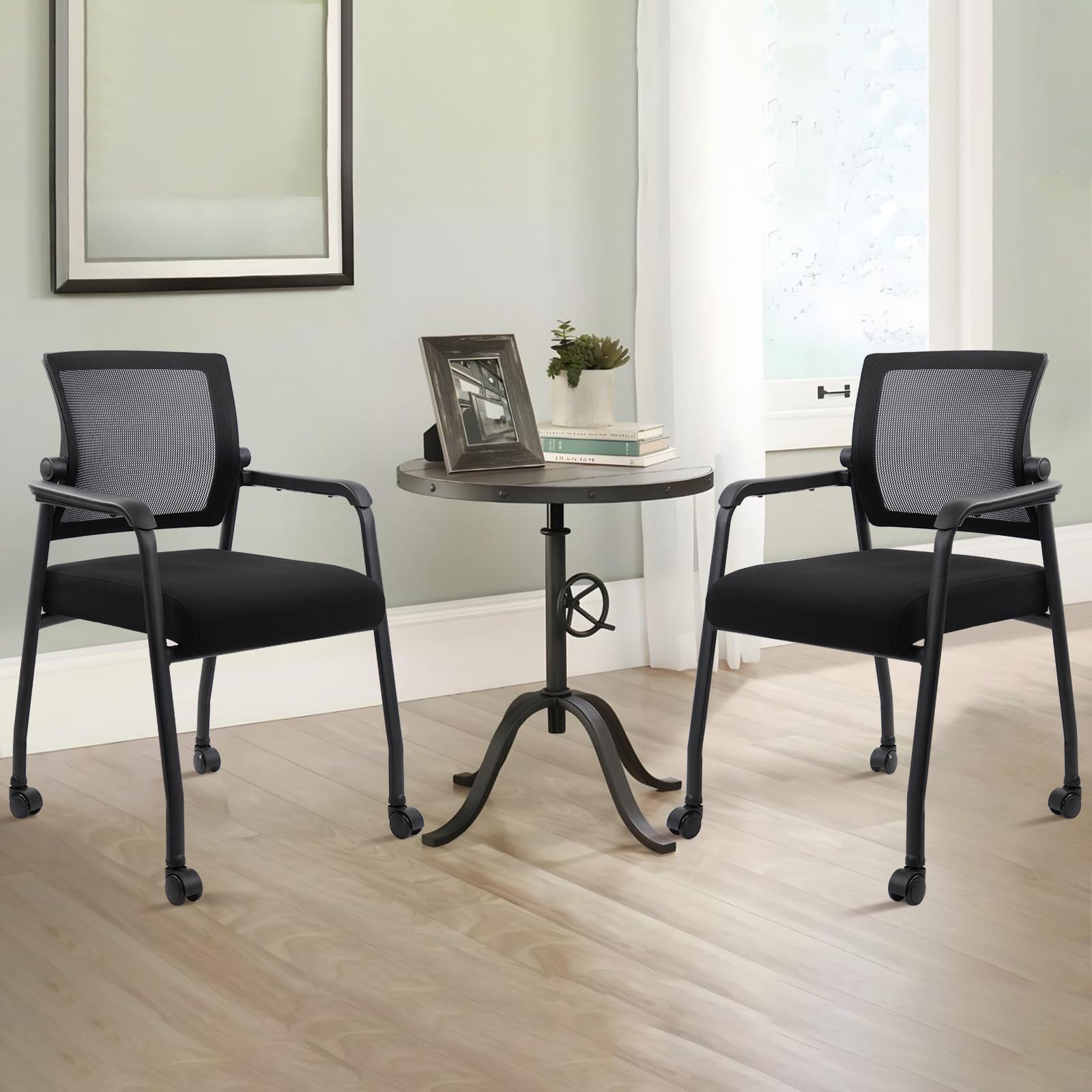 Klasika Waiting Room Chairs with Wheels, Adjustable Mesh Backrest, Desk Chair with Ergonomic Lumbar Support and Thickened Seats Cushion, 2 Pack