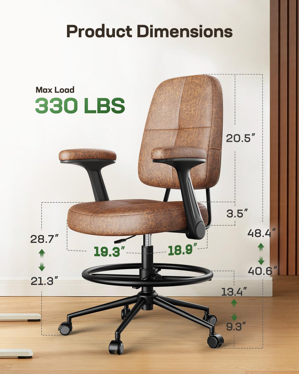 Marsail Ergonomic Drafting Chair for Standing Desk, 330lbs Heavy Duty Tall Office Chair with Adjustable Foot Ring & Flip-up Arms, Comfort Brown