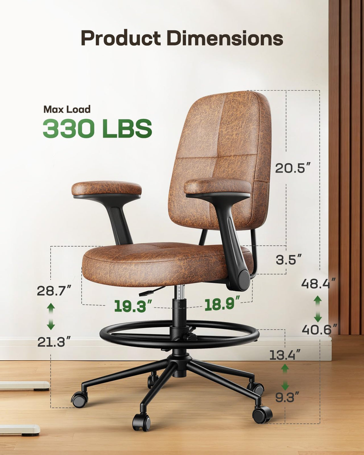 Marsail Ergonomic Drafting Chair for Standing Desk, 330lbs Heavy Duty Tall Office Chair with Adjustable Foot Ring & Flip-up Arms, Comfort Brown