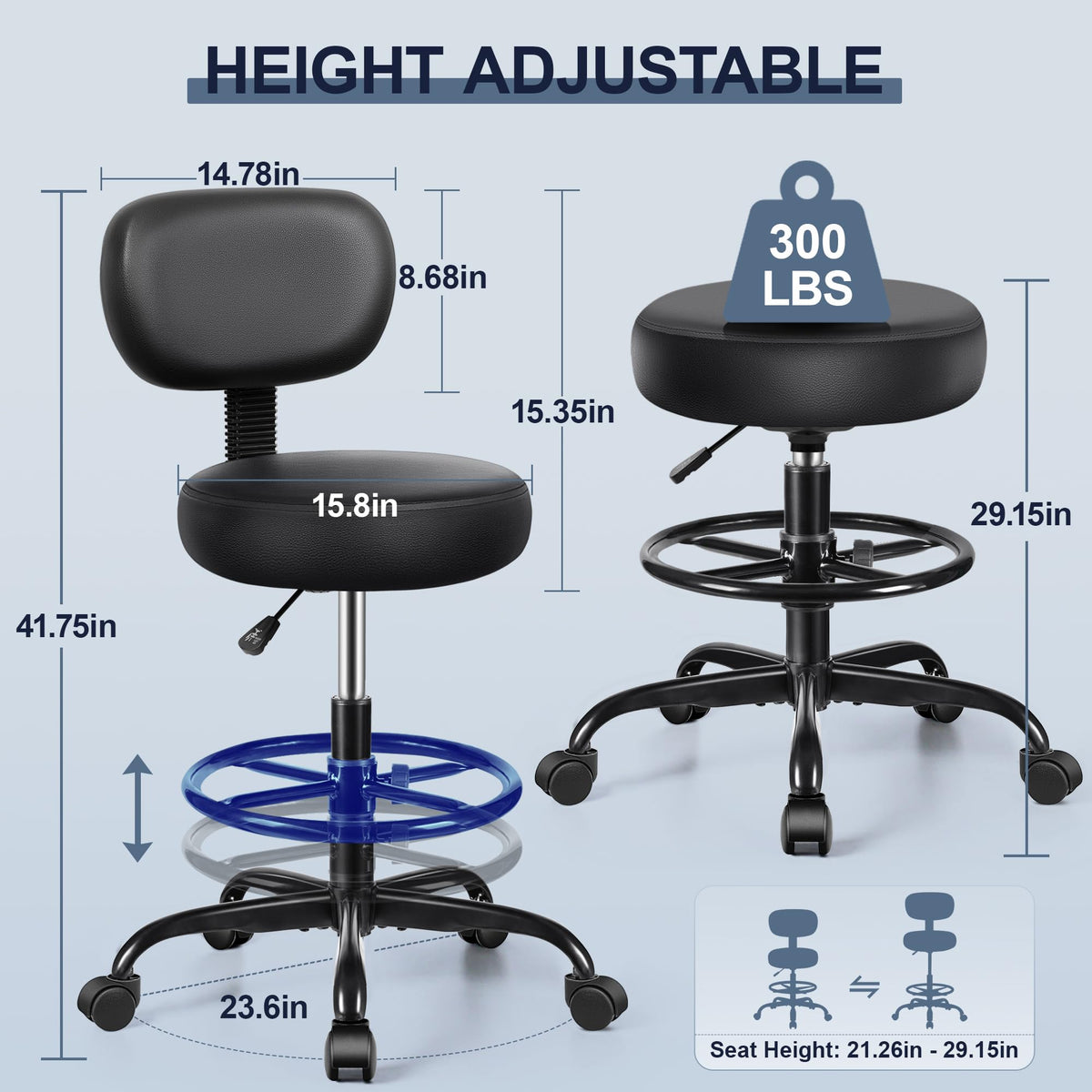 Brick Attic Drafting Chair with Backrest – Adjustable Foot Rest Rolling Stool with Wheels, Pu Leather Swivel Stool for Office Spa Studio Lab