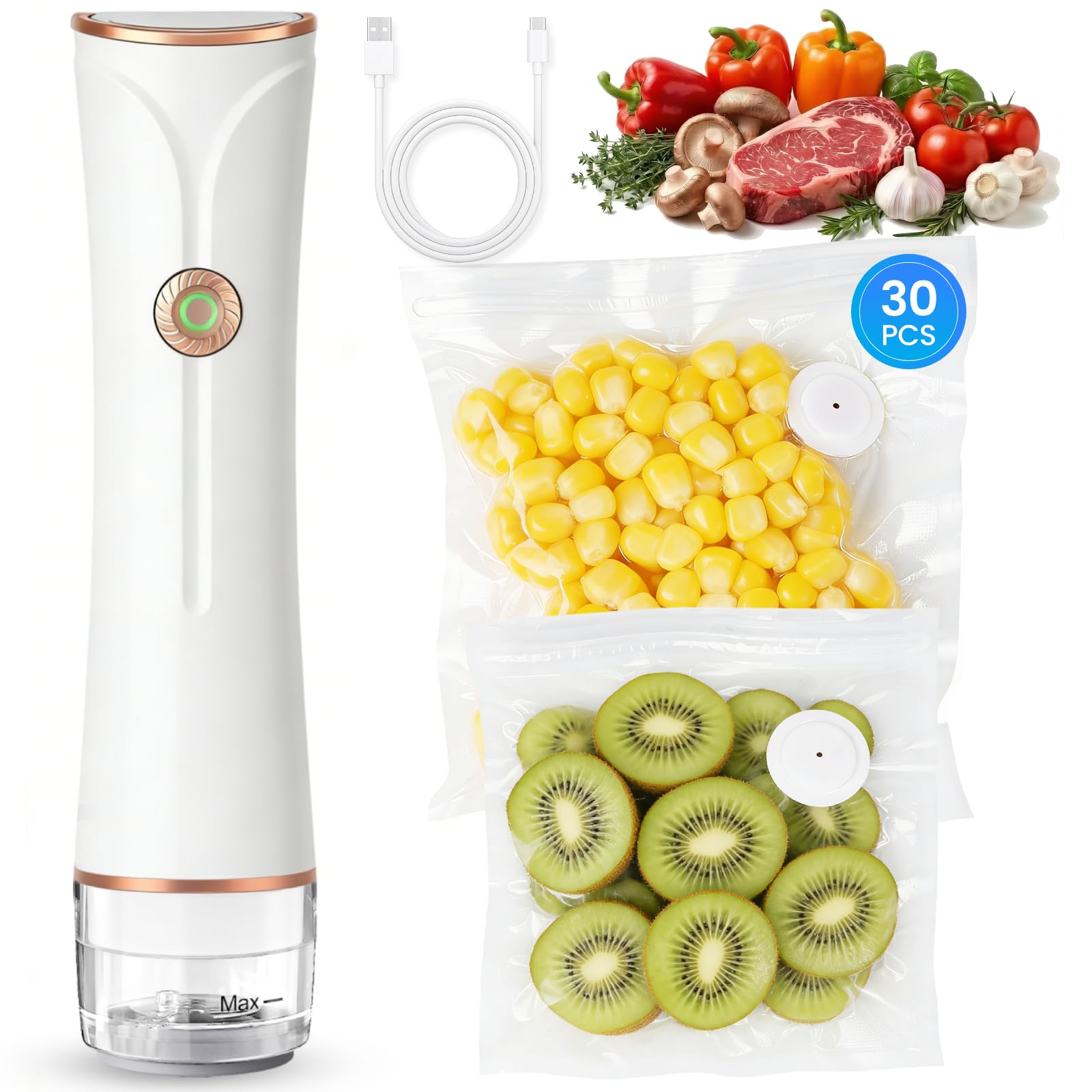 Compact Vacuum Sealer for Food with Visible Tank, Handheld Vacuum Sealer Machine, Includes 30 Reusable Bags, Seal Food 6X Fresh Longer, Wireless & Portable, Suitable for Kitchen and Travel, White