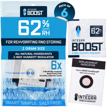 Integra Boost 2-Way Humidity Control Pack – Patented Technology for Humidity Control – Preserve Flavor & Maintain 62% RH – Moisture Absorber for Herbs, Spices & More – 2 Gram (Pack of 6)
