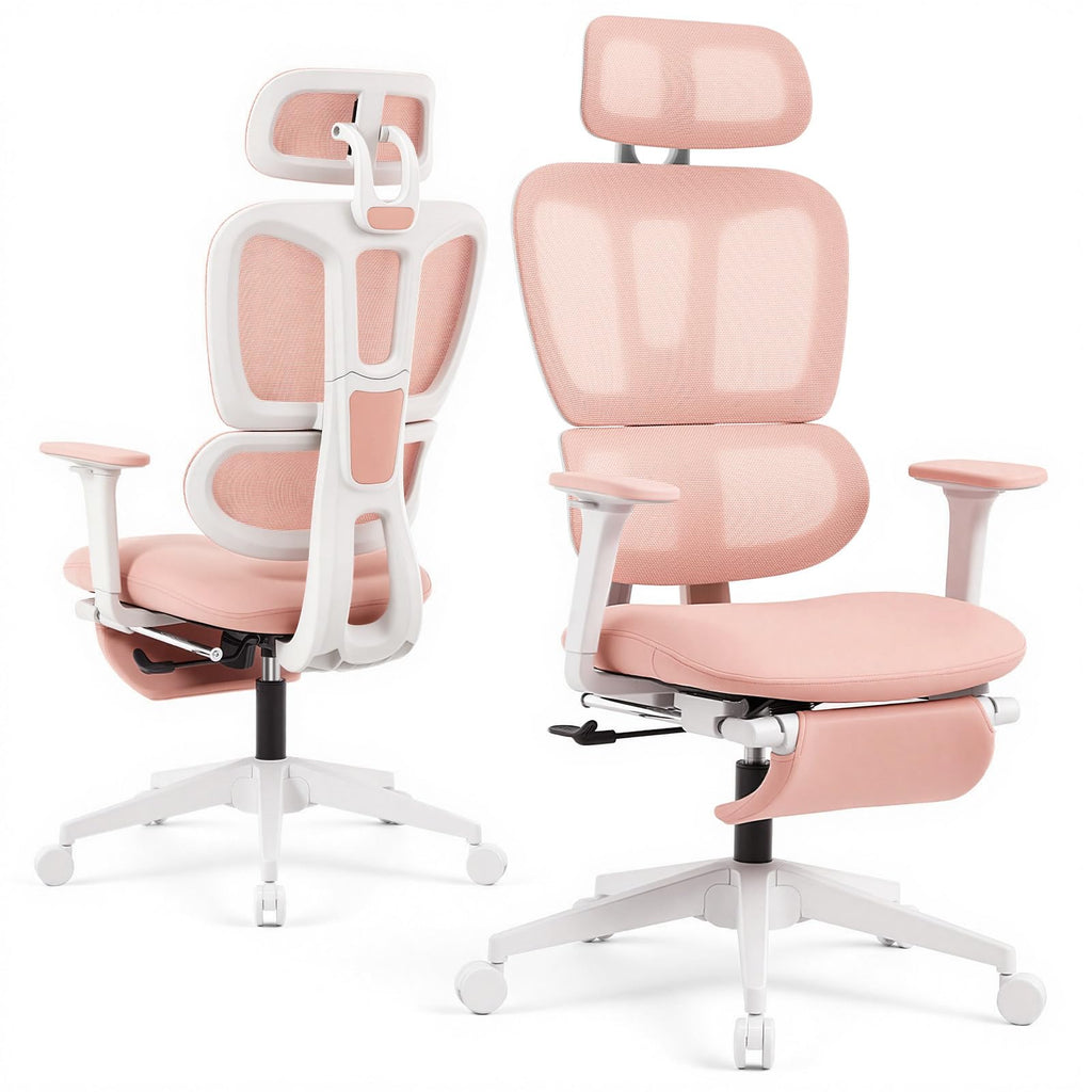Ergonomic Office Chair with Footrest and Dynamic Lumbar Support, Pink, High Back