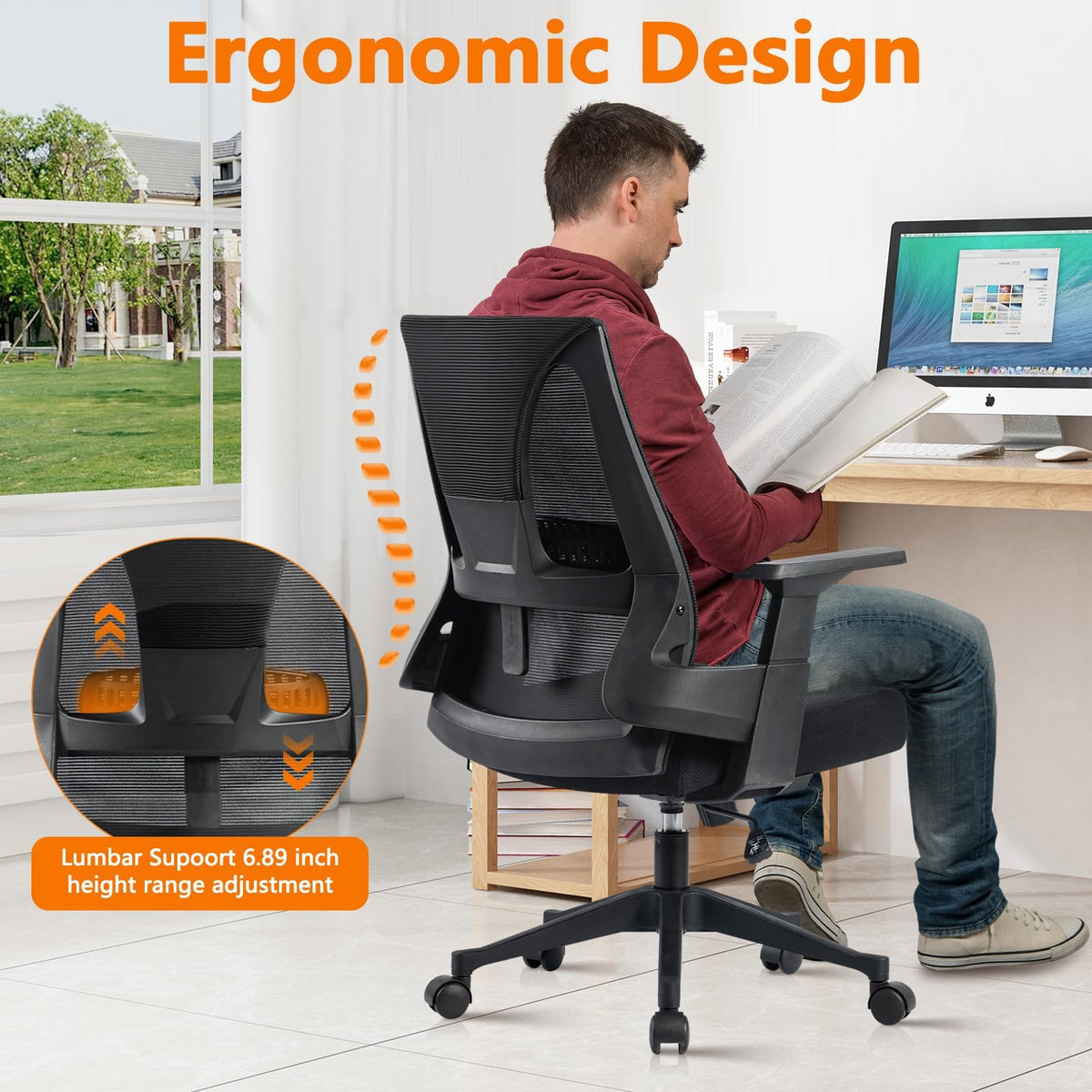 Clatina Big and Tall Office Chair Heavy Duty Ergonomic Desk Chair 500lbs with 4d Arm Rest and Adaptive Synchronize Seat High Back Swivel, Black