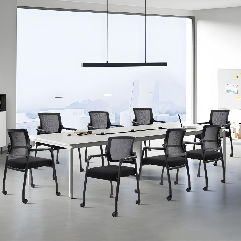 Klasika Waiting Room Chairs with Wheels, Adjustable Mesh Backrest, Desk Chair with Ergonomic Lumbar Support and Thickened Seats Cushion, 8 Pack