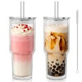 KEMORELA 28 oz Double Wall Glass Tumblers Set of 2, Extra-Wide 13mm Reusable Drinking Straws, Boba Tumbler, Wide-Mouth Water Cups for Iced Coffee, Smoothies, Boba & Tea Lovers (Ribbed)