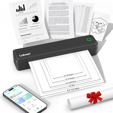 Labeer Portable Printer Wireless for Travel, Bluetooth Inkless Thermal Printer for iPhone, Android, Laptop & PC, Mobile Printer Supports 8.5" x 11" US Letter, A4 & A5 Thermal Paper Black