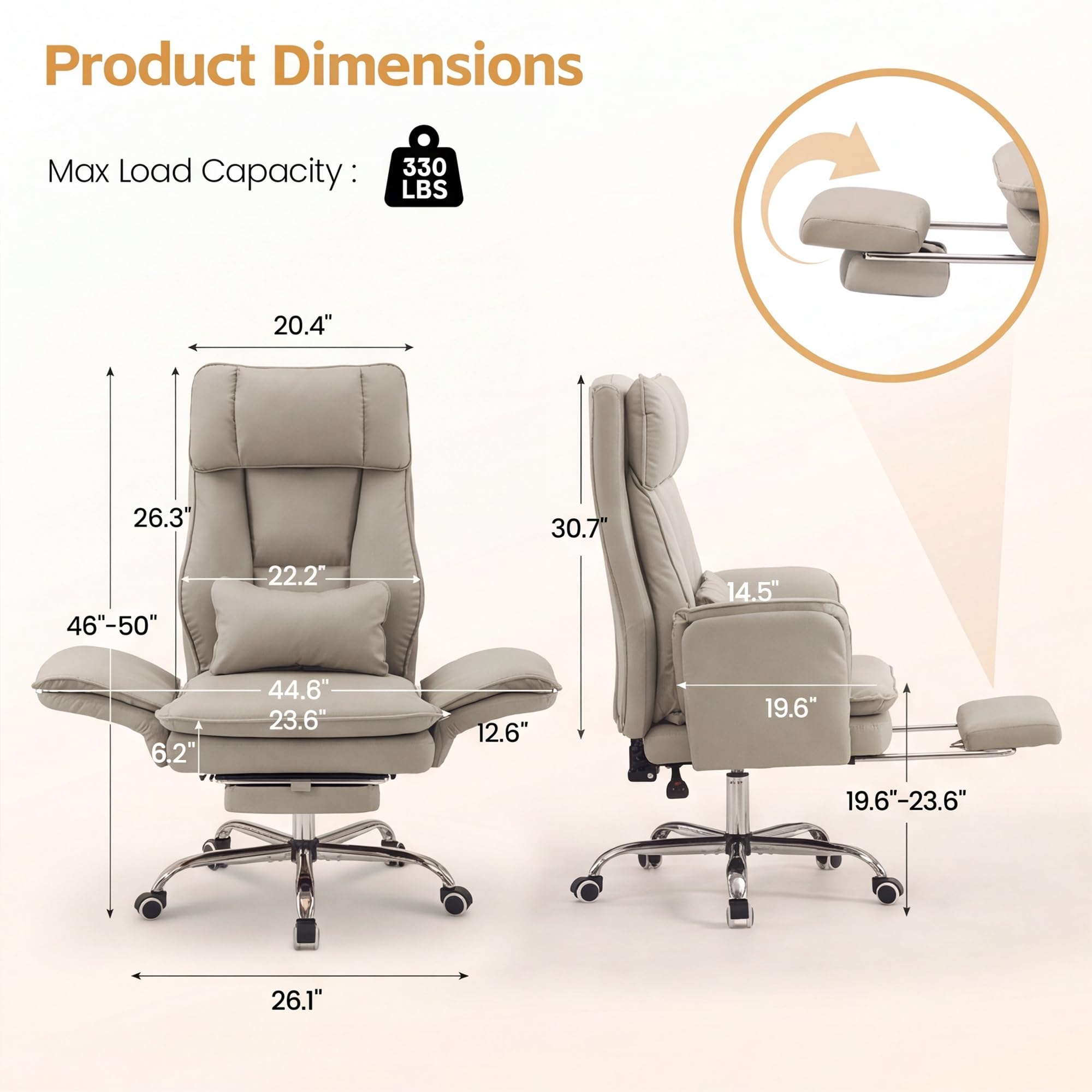 Big and Tall Office Chair, Footrest & Flip Armrest for Pets, Pu Khaki, PU Leather