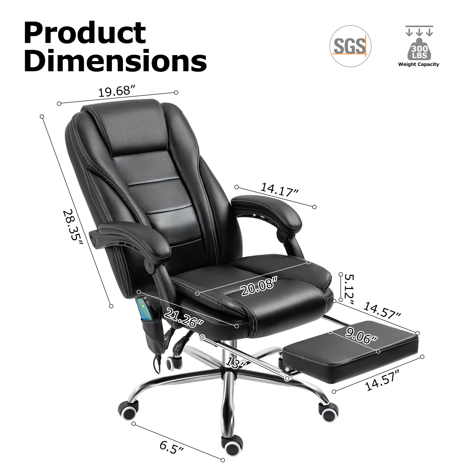 Tonghuas Massage Office Chair with Foot Rest Vibration and Heating, 90-130° Reclining Desk Chair, Ergonomic Reclining Computer Gaming Leather